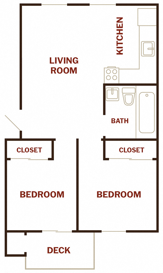 Floor plan for 2 beds, 1 bath, 660 sqft